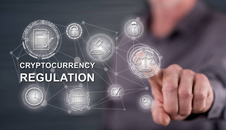 Man touching a cryptocurrency regulation concept on a touch screen with his finger