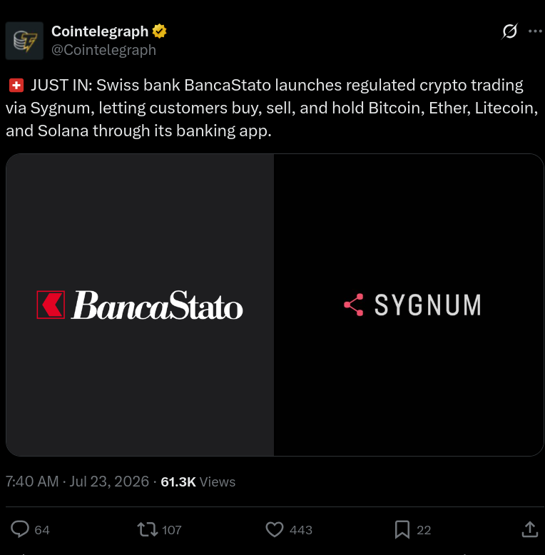 An X post reporting the adoption of crypto offerings by BlancaStato.
